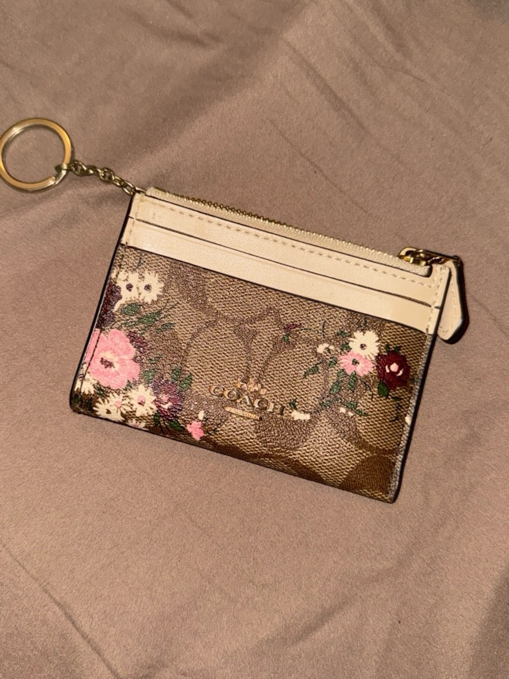 Coach Floral Signature Card Holder Keyring in Brown, Pink & Cream